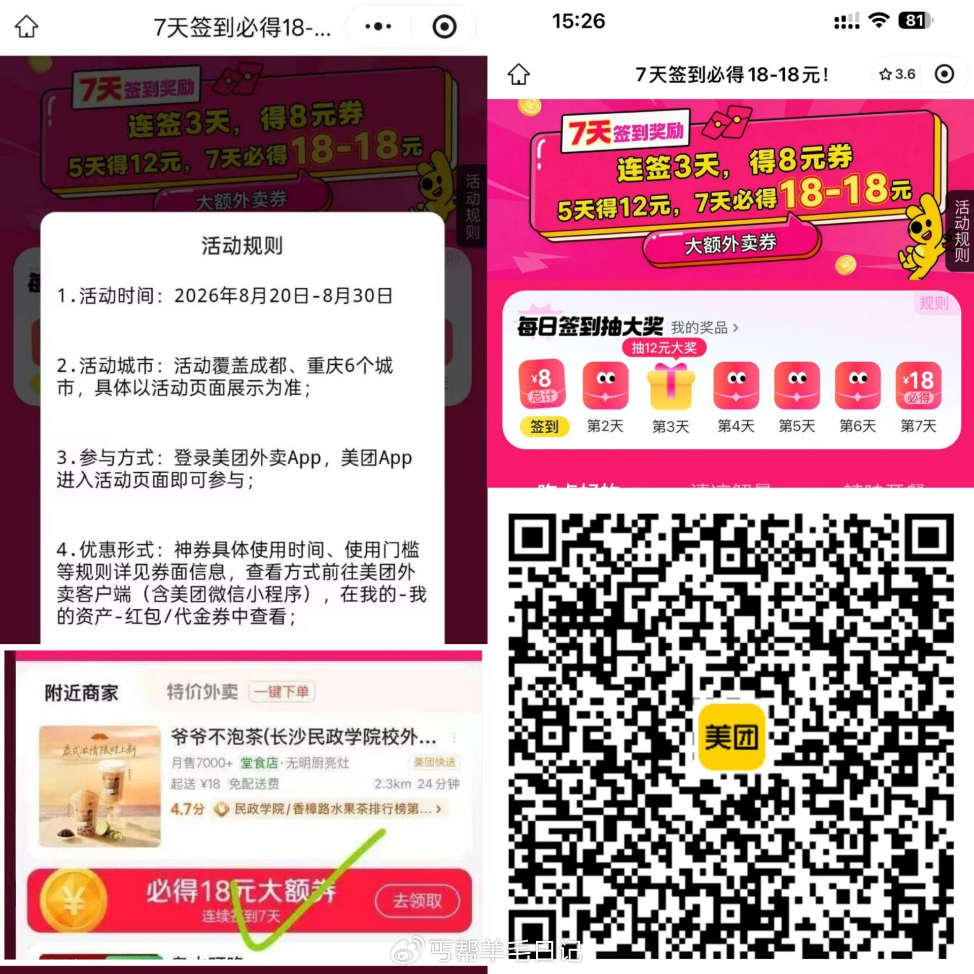 昨天火爆的也签上了 
今天第4️⃣天 继续去签 
‼签到7天可领18-18 
可以先签着不再地区的 
规则是6个城市 🧧可能限地区 
#小程序://美团丨外卖团购特价美食酒店电影/ta3WZv16QOJ2t6p 
— 
美团-外卖-如图横幅 进 
连续簽.到7天，必🉐18外卖券 
规则是6个城市 🧧可能限地区 
反馈改定位也可以签  ​