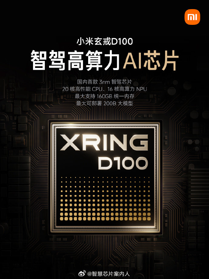 #小米玄戒D100智驾芯片#

确认了一下，D100确实是国内首款N3制程的智驾芯片，应该也是N3P。DRAM 160GB，200B模型。

基本确认明年上车了。

#小米玄戒# ​​​