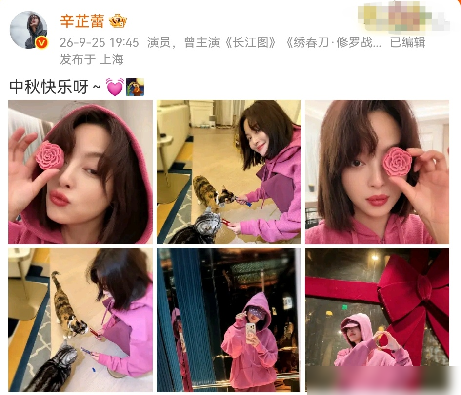 辛芷蕾把一万块的裙子穿成了睡衣，这才是真松弛。
9月21号品牌活动，她穿着黑色毛呢西装裙，蝴蝶结领结，蕾丝皮手套，一身复古贵气往那一站，像从老电影里走出来的。可镜头一转，9月25号发的照片，她窝在沙发上抱着猫，宽宽松松一件连帽卫衣，头发随便一扎，整个人像刚睡醒。
关键是，你看她私服，灰色工装外套