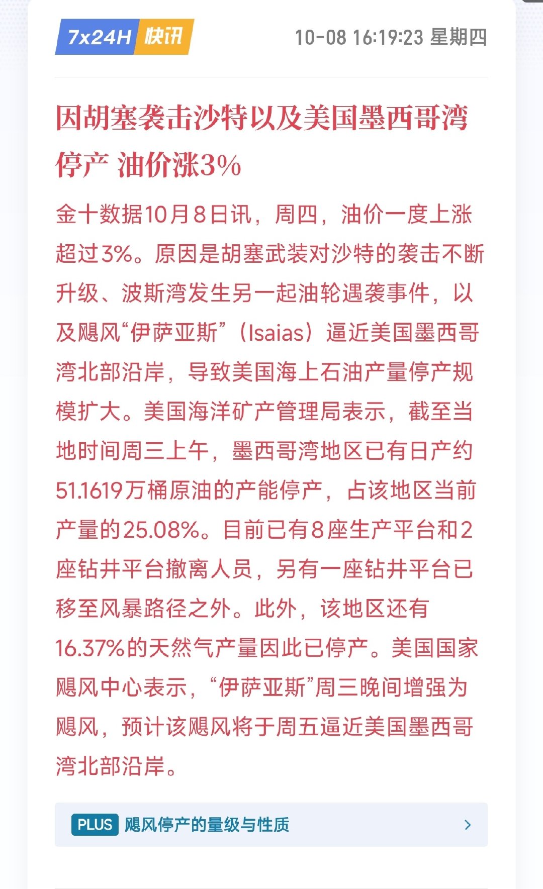 地缘扰动叠加飓风影响，原油产能出现阶段性停产，油价短线拉升。这类消息多为脉冲式刺激，持续性有限。映射到黄金盘面，警惕短期冲高后承压回落。大周期空头结构没有改变，依旧依托压力位反弹做空，震荡行情严控仓位，单子带上止笋。 ​