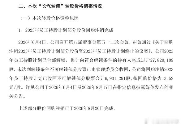【#长城汽车#：注销693.13万股回购股份 总股本变动】
长城汽车公告称，2026年8月20日，公司注销2023年员工持股计划部分A股股份共693.13万股，占变动前已发行股份总数的0.11061%，每股回购价13.52元。此外，2026年8月7日-8月20日期间，公司A股可转换公司债券转股新增发行A股435股，每股发行价38.72元。 ​