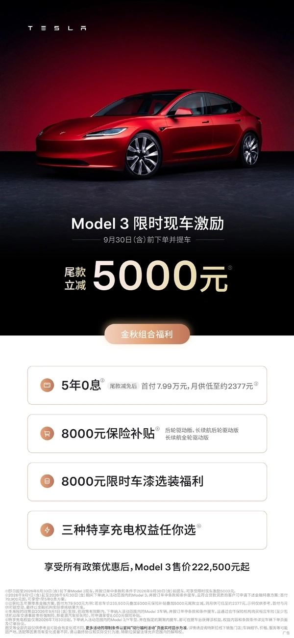 特斯拉限时万元现金直降，降价狂欢背后，几家欢喜几家愁

特斯拉抛出重磅限时购车福利：9月30日前下单提现车，Model 3现金减5000元，Model Y直接立减10000元，叠加5年0息、车漆、充电、保险多重权益，把购车门槛进一步压低。这波看上去诚意满满的让利，本质是新能源市场季度末典型的冲刺操作