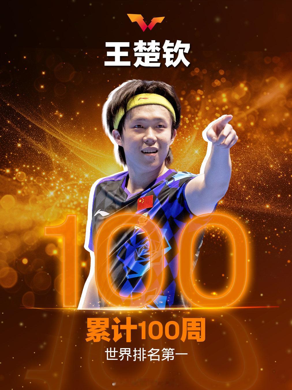 恭喜王楚钦达成累计1️⃣0️⃣0️⃣周世界排名第一☝🏻 ​