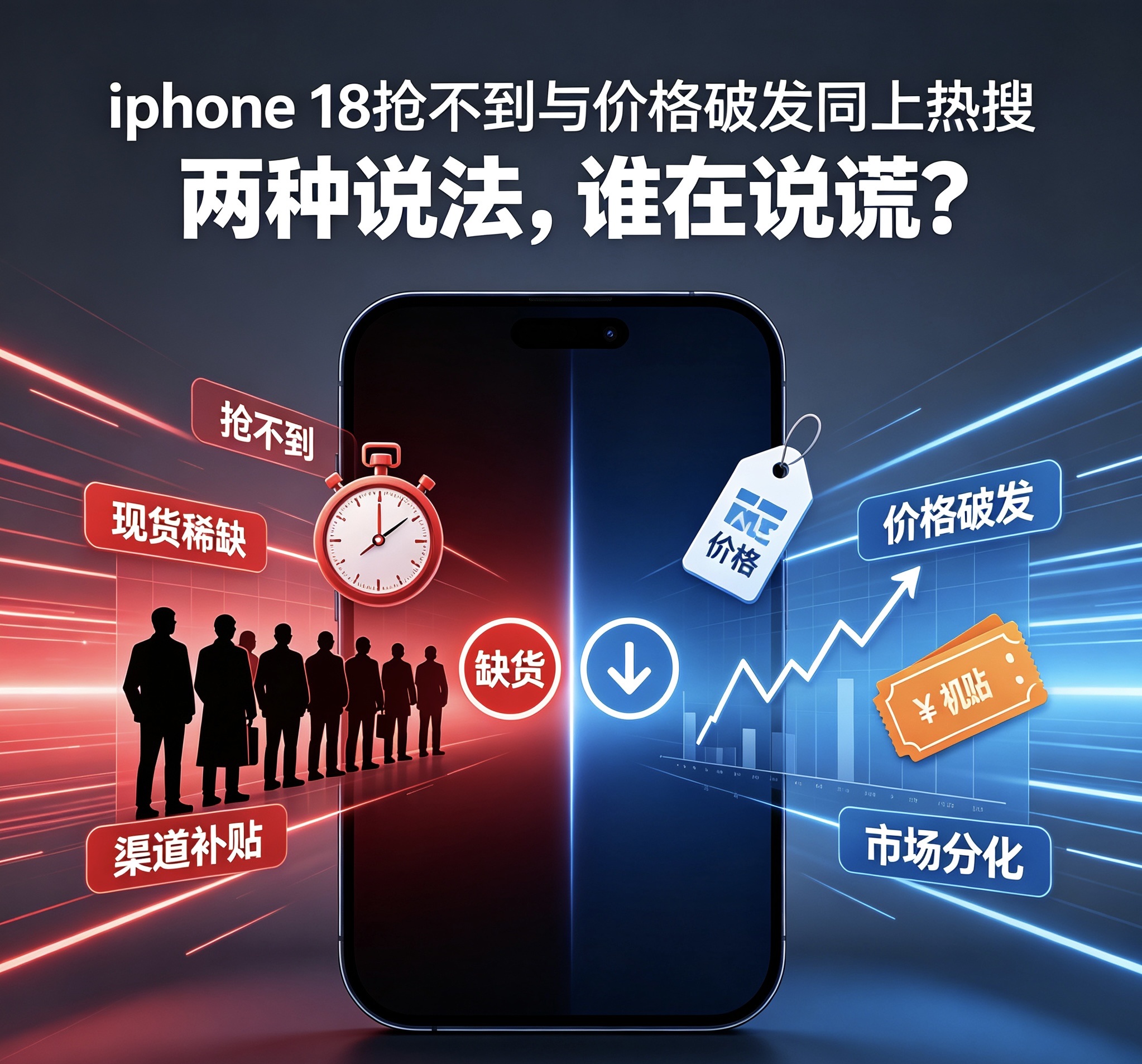 &34;iPhone 18抢不到&34;与&34;价格破发&34;同上热搜，两种说法，谁在说谎?

iPhone18首发当天，网络出现两极分化的舆论。一边是大批用户蹲守抢购，官网秒空，一机难求；另一边，第三方渠道爆出降价信息，新机首发就跌破官方定价。两种截然相反的行情同时登上热搜，不少网友直呼看不懂，到底是谁在造假？

首