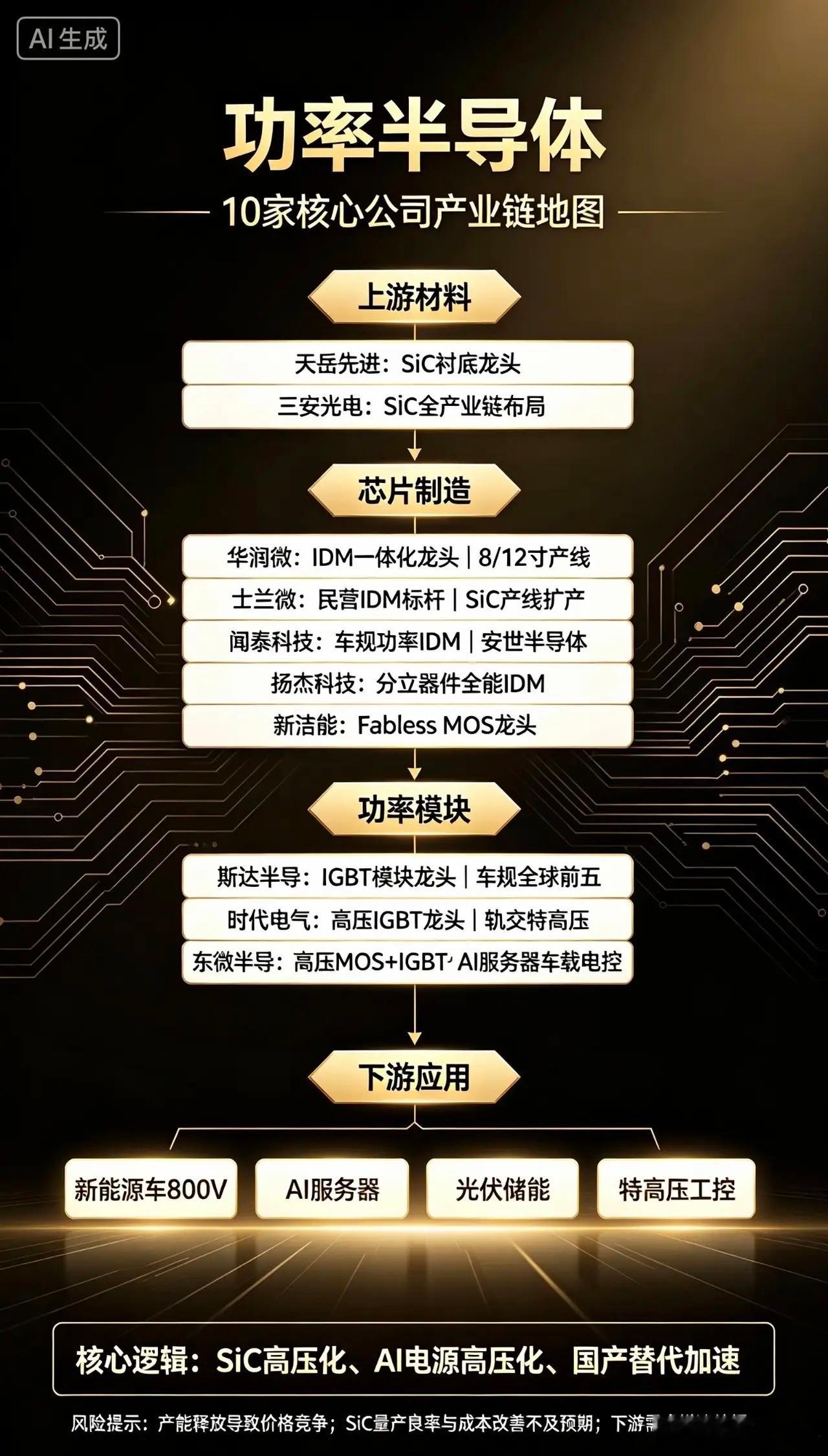 功率半导体，10家核心公司

1. 华润微
国内功率IDM龙头，8/12寸自有产线，MOS/IGBT/SiC全覆盖，下游AI电源、光伏、车载均衡布局，周期抗波动能力强。

2. 士兰微
民营IDM标杆，自研硅基功率器件+SiC芯片，车规、储能、工控多赛道放量，自有6寸SiC产线持续扩产。

3. 闻泰科技
收购安世半导体，全球车规 ​