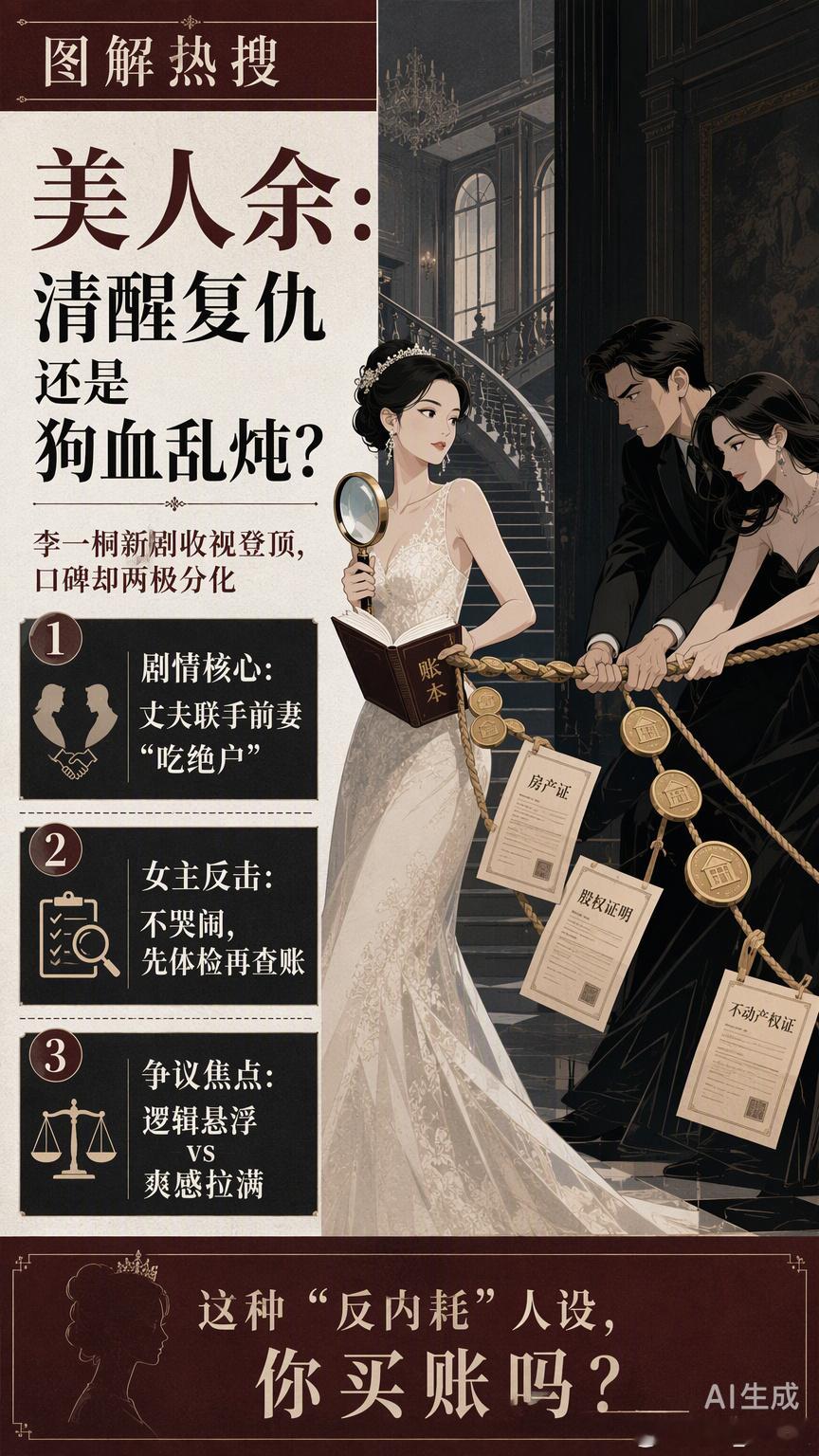李一桐新剧《美人余》开播就登顶收视，但这剧能火，靠的恐怕不是那些“假孕”、“监听”的狗血桥段，而是女主余梦那种在婚姻骗局里不内耗、直接掀桌子的清醒。

以前我们看复仇剧，总爱看女主哭完再战，或者在渣男和真爱之间反复拉扯。但余梦发现丈夫狄立人联手前妻要“吃绝户”时，第一反应是去医院体 ​