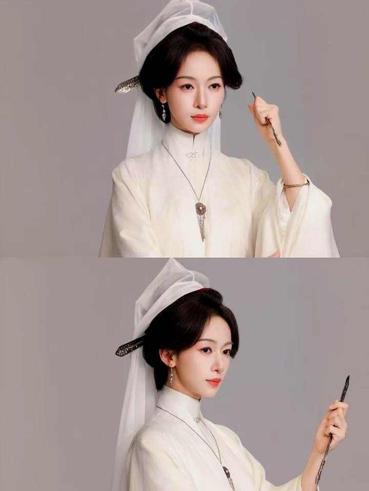 《刀笔娘子》造型一出来，我就知道这角色成了。

吴谨言这回演的是替底层女子上公堂辩冤的女讼师阮卿卿。一身明制黑白长衫，脸上几乎没化什么妆，干净得像张白纸。

但你往她头上看，别的是福州非遗“三把刀”银簪。一簪为国，一簪为家，一簪为己。外表看着清雅，眼底全是锋芒。

别人演大女主非得靠华服浓妆撑气场，