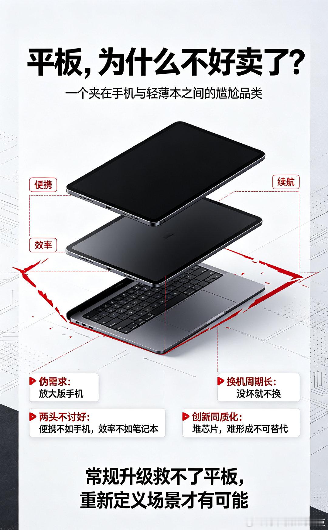 #为什么平板不好卖了#
不少平板产品线传出停更消息，说白了，这个品类早已陷入尴尬的伪需求陷阱。
绝大多数平板本质就是放大版手机，系统生态原地踏步，所谓生产力大多是营销话术。
论便携打不过大屏手机，论效率拼不过轻薄本，卡在中间两头不讨好。
换机周期长到离谱，只要屏幕没碎、芯片不卡，一台用三四年完全没问题，用户根本没有换新理由。
厂商还在堆芯片、升亮度这种同质化参数，拿不出真正不可替代的功能。
很多人买回来新鲜几天，之后长期吃灰落灰。平板想要翻盘，只靠常规升级根本没用。
它到底该找准什么定位，才能跳出鸡肋困境？