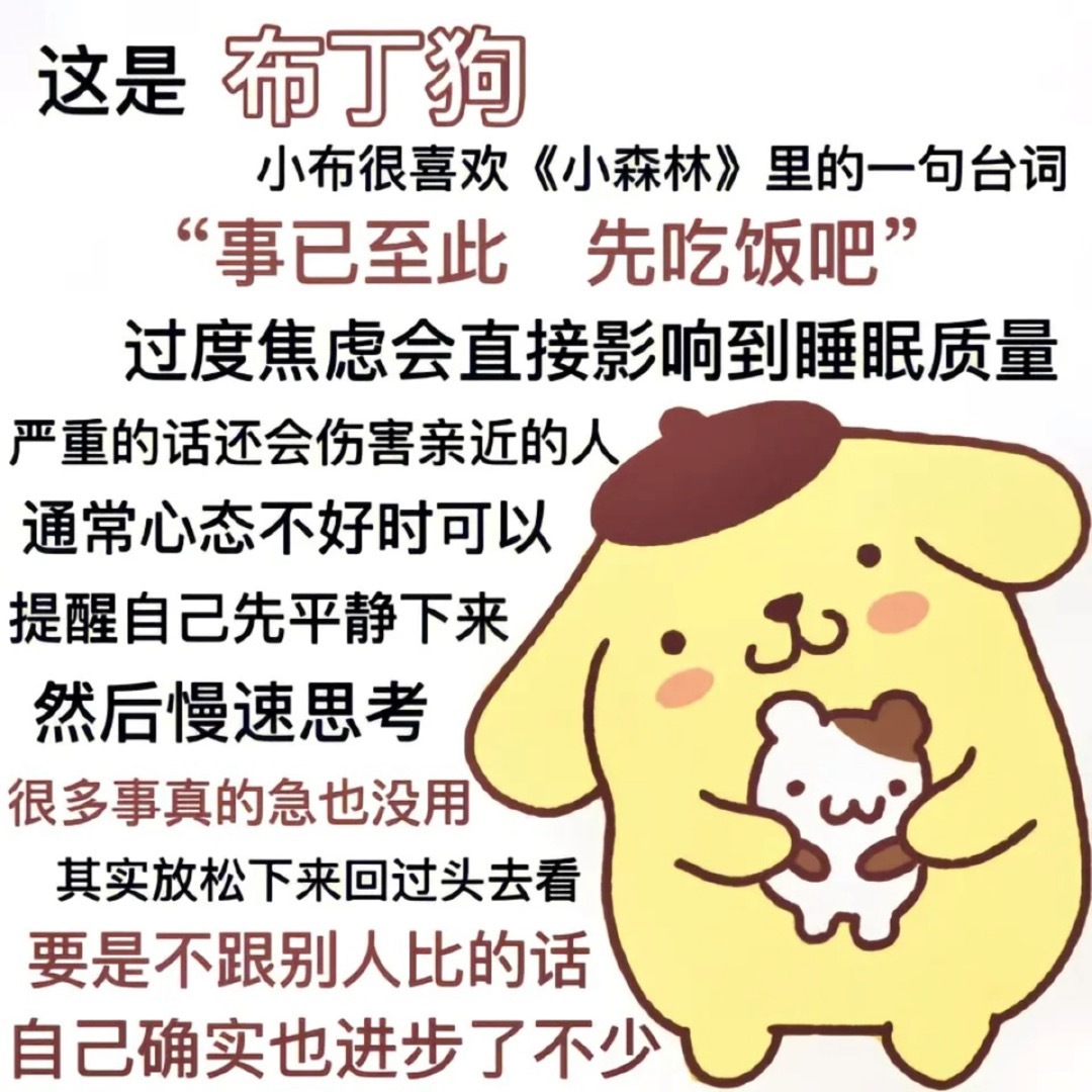 三丽鸥布丁狗30周年布丁狗的Pompom内容集 - ა🍮小布很喜欢《小森林》里的一句台词“事已至此 先吃饭吧”过度焦虑会直接影响到睡眠质量严重的话还会伤害亲近的人通常心态不好时可以提醒自己先平静下来然后慢速思考很多事真的急也没用其实放松下来回过头去看要是不跟别人比的话自己确实也进步了不少ʚ¨̮萌物召唤✦美好生活¨̮ɞ
