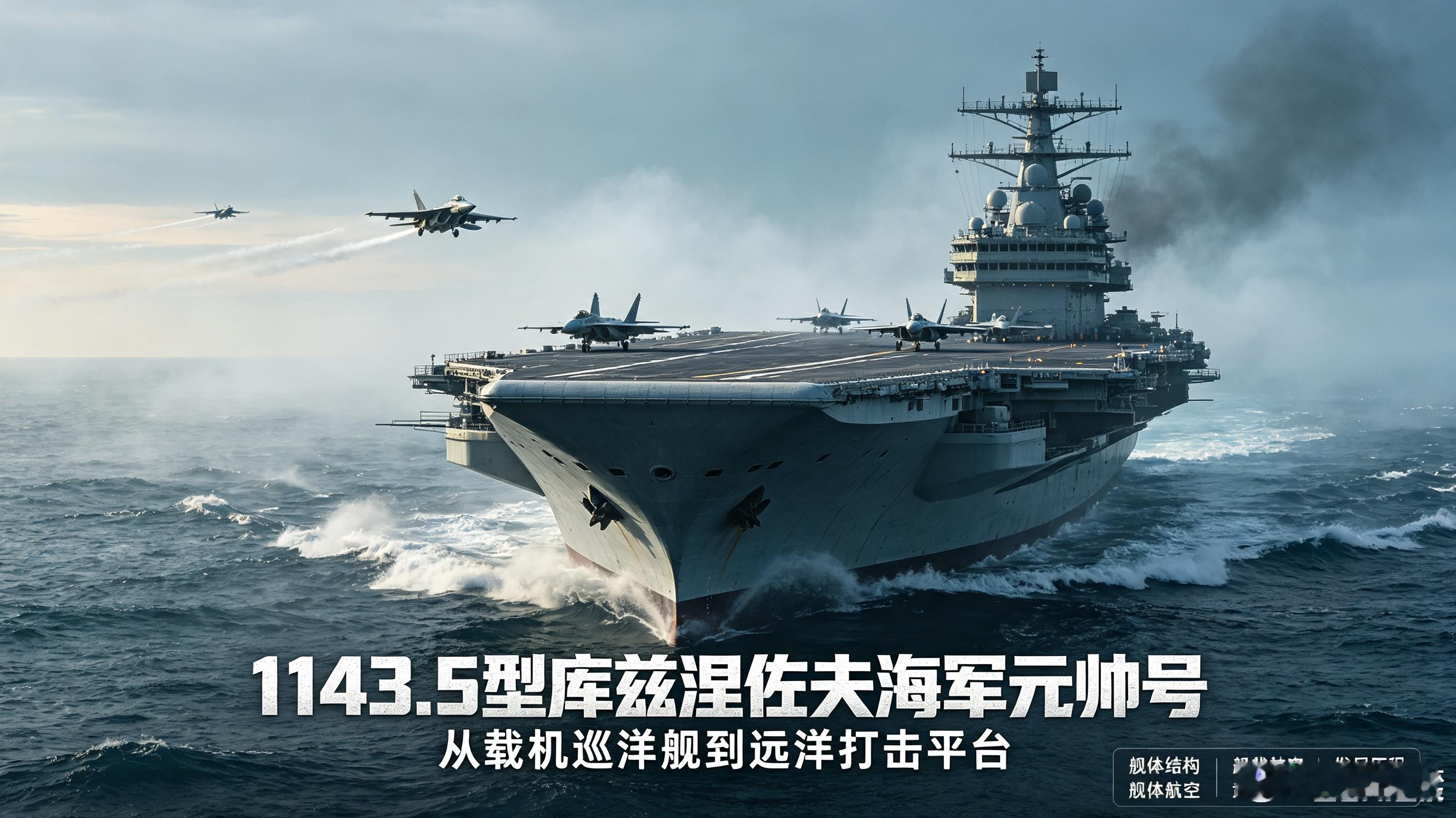 #军事ai新视野# 俄罗斯1143.5型「库兹涅佐夫海军元帅」号重型载机巡洋舰#ai热力追踪# 
 
正式型号：Проект 1143.5（1143.5工程）
舰名：Адмирал флота Советского Союза Кузнецов
舷号：063｜隶属：俄罗斯海军北方舰队
同级舰：2艘
1号舰：库兹涅佐夫号（俄 ​
