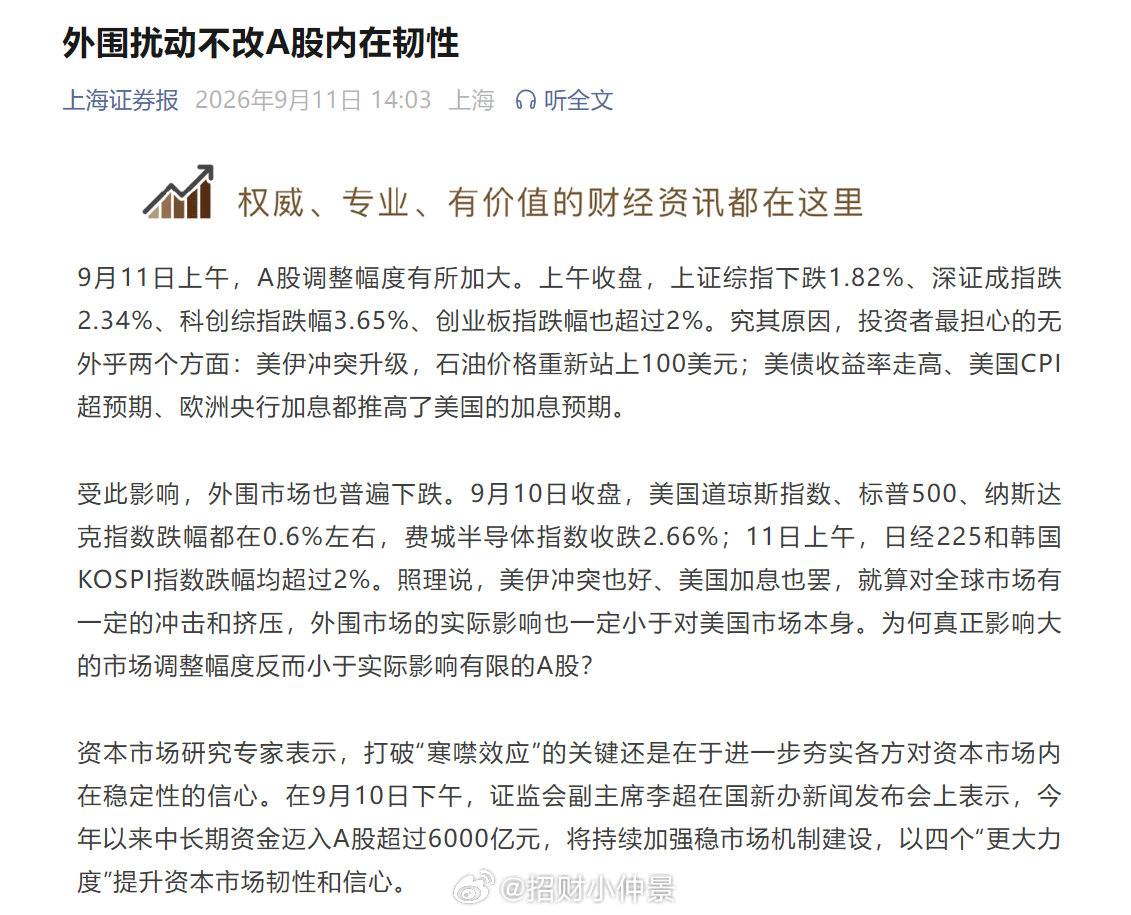 哈哈，

一边是“外围小跌、A股大跌”；

然后结论是“外围扰动不改A股内在韧性”，

什么韧性？

向下的韧性？

我怀疑这个小编在说反话，但是没有证据[doge] ​