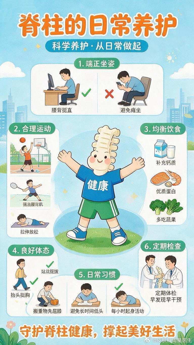 #世界脊柱日##疼痛管理公开课# 
脖子僵、肩膀沉、腰像断了？先别急着怪床垫。
今天世界脊柱日，脊柱也想上热搜：它真不是铁打的。
这篇不长，但能帮你少走点弯路。

1. 脊柱退变不是老了才开始，久坐低头就是“加速器”。
手机脖一探，颈椎压力翻倍；坐一天，腰背肌肉一直加班。🔎脖子痛、腰痛≠一定椎间盘突出：肌肉痛多酸胀，神经痛像过电放射，炎症痛常晨僵，分不清，别猜，找医生。

2. 闪了腰，先别热敷。
急性期先冷敷，48小时后再看情况热敷，按摩、推拿、正骨更别随便做，尤其腿麻无力、大小便异常、外伤后，先就医。

3. 孩子总驼背、跷二郎腿，不一定就是侧弯，但双肩不等高、后背不对称，要尽早查。
💡办公室护脊：屏幕抬高，腰有靠，每30-40分钟起来走两步。小燕飞、平板、游泳都能练，但疼痛期别硬练。💪

4. 慢性疼痛别硬忍，止痛药也别自己长期吃。科学疼痛管理=查明原因+合理用药+康复锻炼+生活调整。👨‍⚕️

别等疼到睡不着才想起脊柱，少低头、多起身、该看医生就看，别拿按摩当万能。...