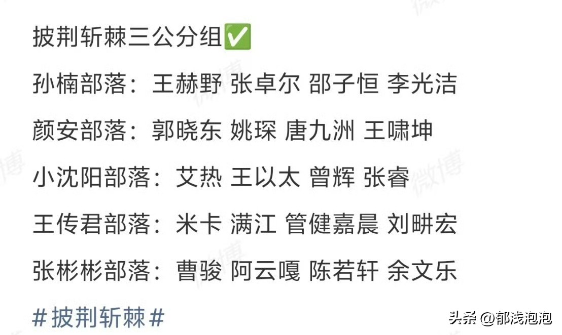 新鲜出炉的《披荆斩棘2026》三公分组名单！这次五名队长，余文乐和艾热、王以太终于被打散，话说艾热和王以太真的捆绑的这么紧，一直在一起，就不想分开试一试吗？曾辉又回到小沈阳部落，曹骏又和张彬彬一组了，孙楠组目前看来阵容最强，期待！披哥2026 披荆斩棘 披哥三公分组 曹骏