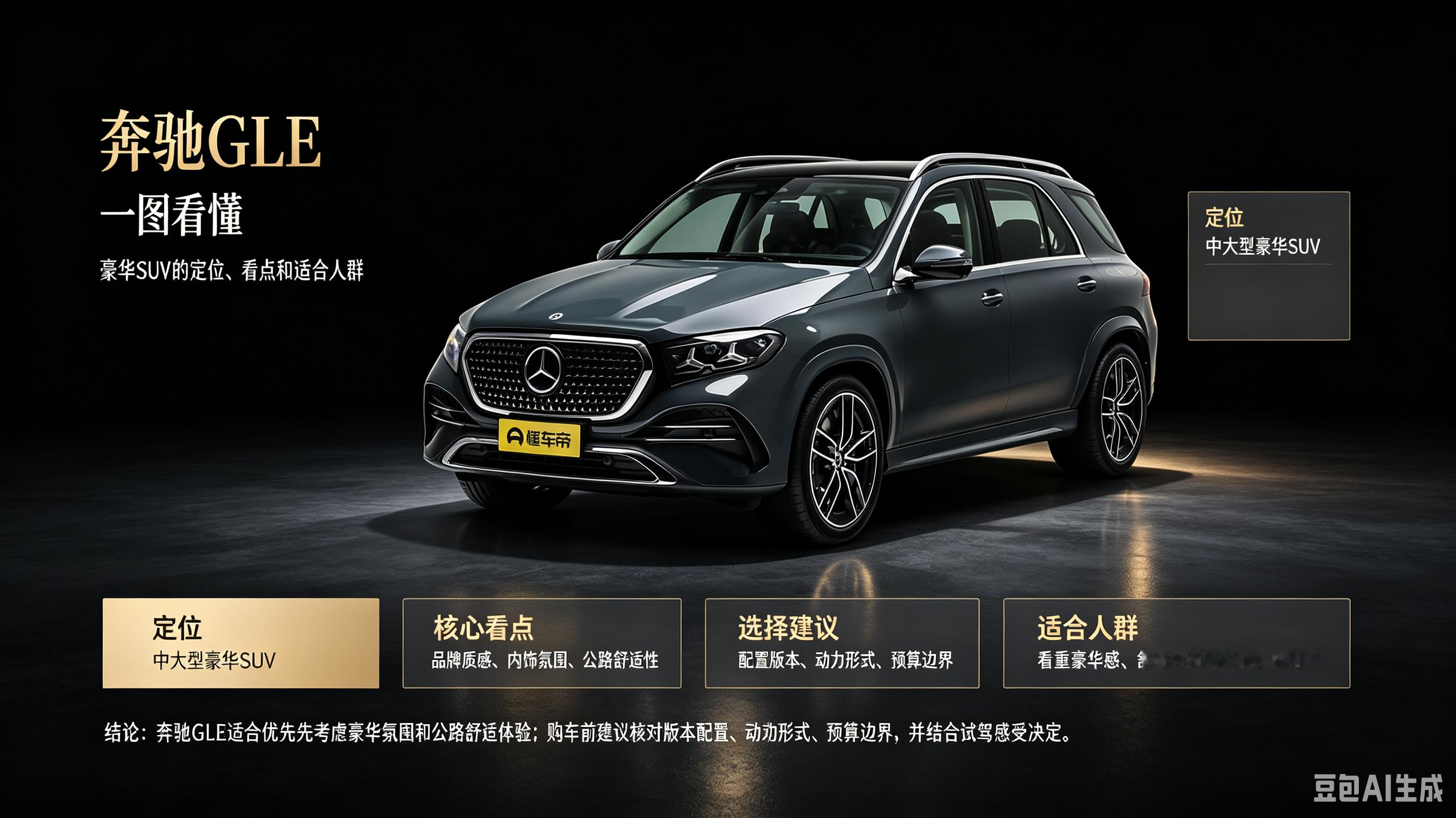 奔驰GLE定位中大型豪华SUV，核心看点集中在品牌质感、内饰氛围和公路舒适性。它更适合看重豪华感、舒适性和品牌形象的用户，不太建议只凭外观热度下单。购车前最好核对版本配置、动力形式和预算边界，再结合试驾感受决定。【来自懂车帝车友圈】