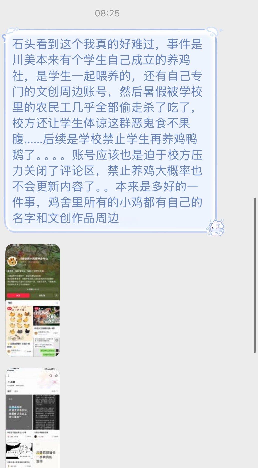 这个小鸡喂养合作社是川美师生成立的合作项目，还有获得外部投资，但学生用两年时间悉心喂养的鸡在暑假期间被悉数偷吃，最后仅一只存活，学校给出的解释是：农民工因为七八月高温作业，食不果腹才多次去偷食了他们的鸡，希望学生能够体谅 ​