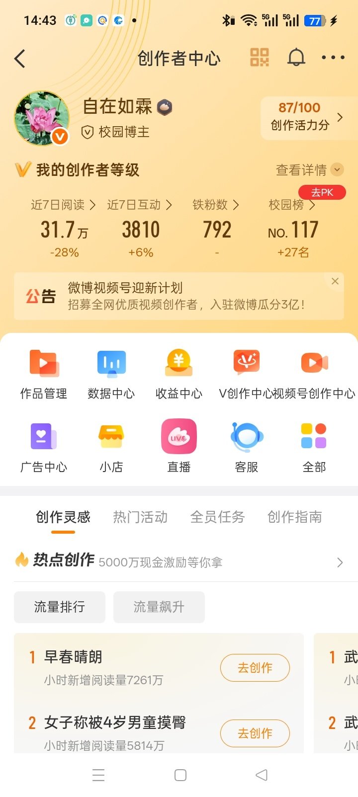这周大眼给我的分数是87分，有史以来最高的一次！

我也不太清楚为啥提分了，还没有摸清规则。

有进步，总是好的。

#iPhone Duo售价#苹果手机不是有点贵，不是不好，是国产机更有性价比。

#苹果发布会或推出6大新品# ​