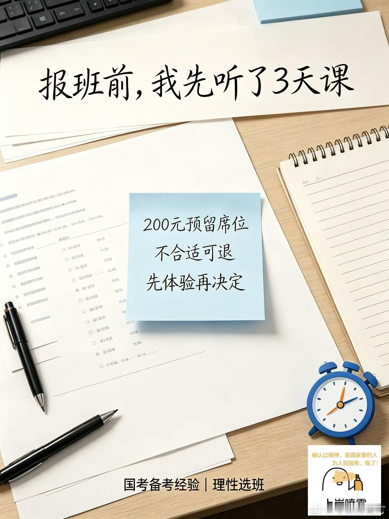 准备国考的小伙伴，选线下班真的很容易踩坑😭
课程合不合适、老师讲课节奏能不能跟上，光看介绍根本感受不到。
 
发现一个可以先试课的方式✨
3天线下正价课试听，实地感受课堂氛围
200元预留试听席位，试听不满意可退
 
报班不是小事，先体验再决定，
不用一次性大额投入，避开盲目报课的坑。
 
 ​