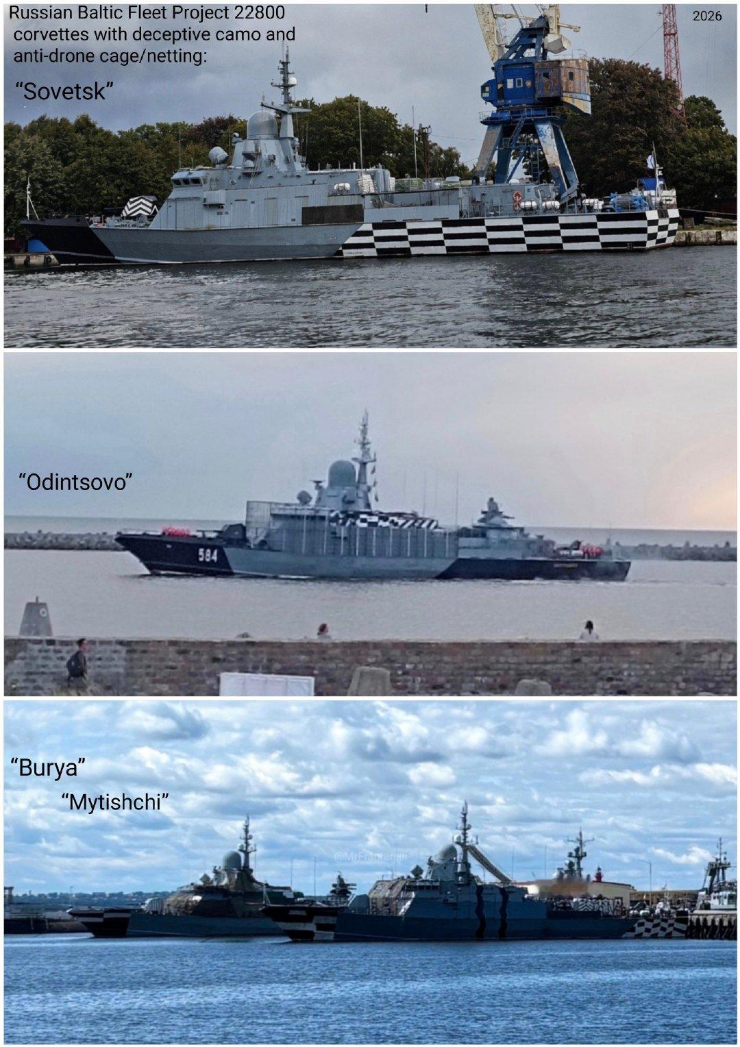 俄罗斯海军波罗的海舰队的4艘22800型 “红带蛛“级小型导弹舰：“梅季希”号、"苏维埃茨克"号、“奥金佐沃”号、“暴风”号

目前均进行了欺骗性涂装，并加装反无人机网、笼

拍摄时间：2026
图片来源：MrFrantarelli ​