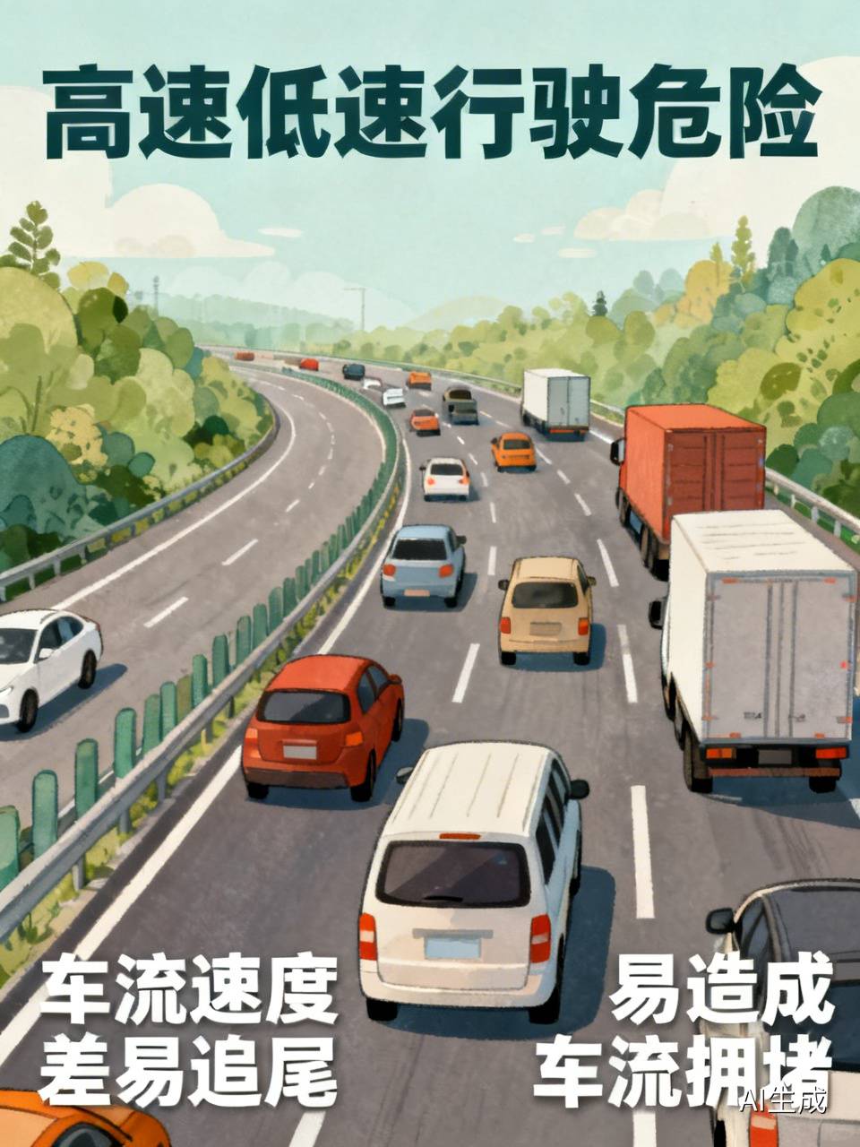 高速上开车,开慢一点安全吗?
不少司机觉得：高速车速慢，就不容易出事，开慢点更安全。其实这个想法是误区，高速低速行驶，反而很危险！
 
高速公路设计是为车辆快速通行，有最低限速。我国高速大多最低限速60km/h。
 
1. 低速最大风险：车流速度差。别的车都100、120码，只有你慢悠悠开，后车