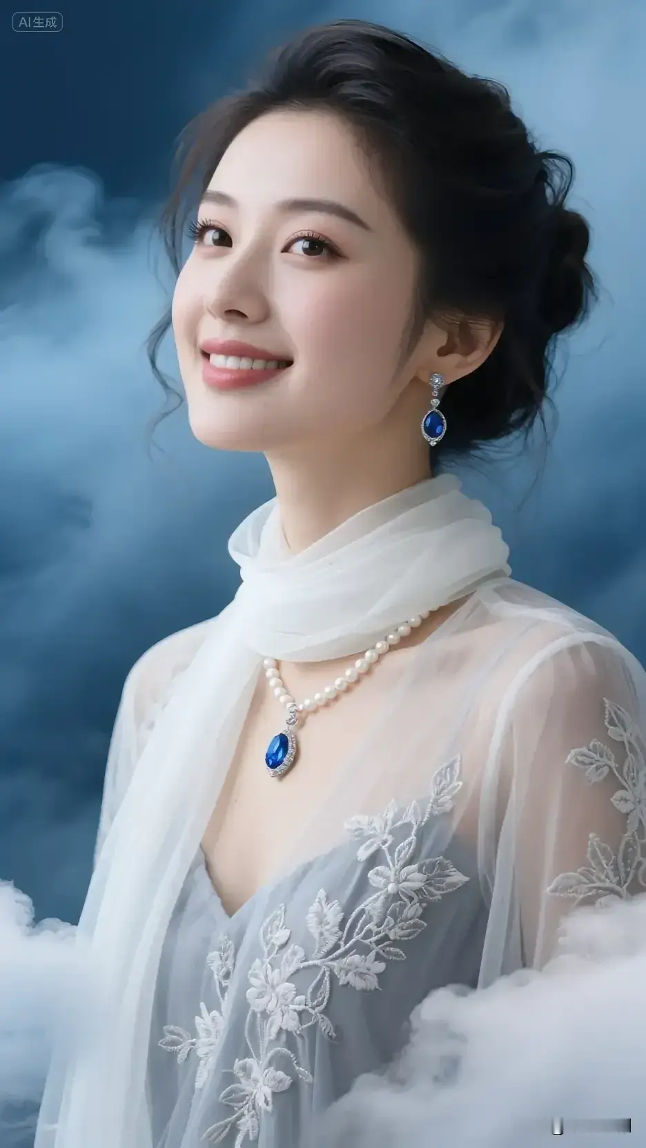 她身着绣着白花的浅灰纱裙，搭配珍珠与蓝宝石首饰，在云雾缭绕、蓝调背景...