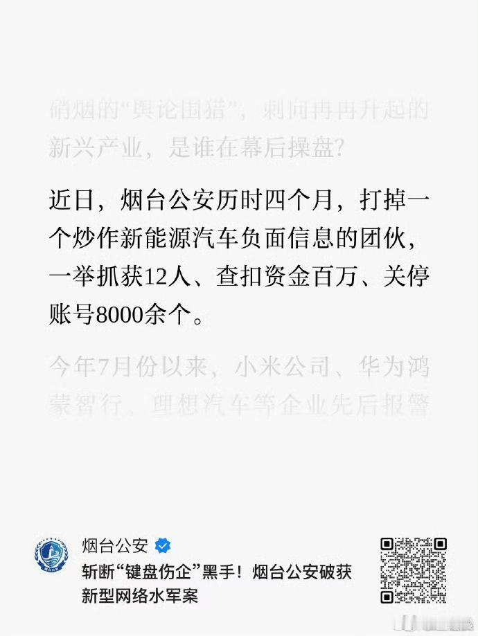 山西晋中网警：打掉针对小米公司造谣的 50 多个 MCN 机构，关联账号9000余个，涉案账号收益160余万元，非法获利50余万元。
石家庄经侦：破获针对小米公司发布不良信息，损害商业信誉商品声誉案。
西安网警：打掉针对小米公司发布谣言团伙，抓获14人，关联账号1357个。
烟台公安：打掉针对小米等公司发 ​