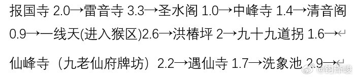 给你一张详细公里数的从报国寺到金顶的爬峨眉山的徒步路线图，可以下载收藏参考。是从百度地图逐段距离计算出的，肯定和自己走各处拍照等等有5%-10%的差异。我估计两步路、六只脚的轨迹计算会在28km左右。 ​