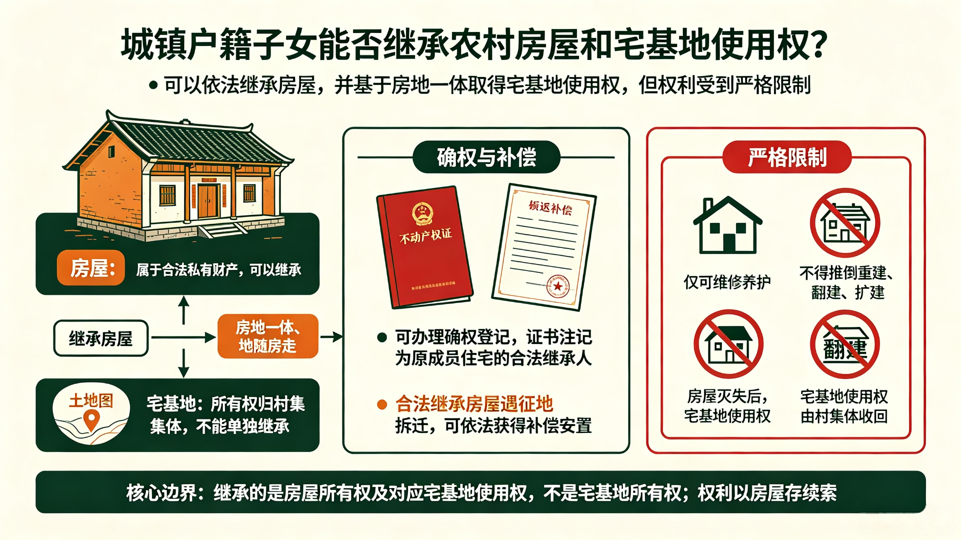 #城镇子女能继承农村房和宅基地#
如果自己是城镇户口，还能不能继承老家农村的房子？
 
相关规定给出了明确答案。
宅基地本身归村集体所有，不能单独继承。
但是建在宅基地上面的房屋，属于父母的私有财产。不管子女是农村户口，还是已经落户城镇，都可以正常继承。
 
按照房地一体的原则，继承房屋的 ​
