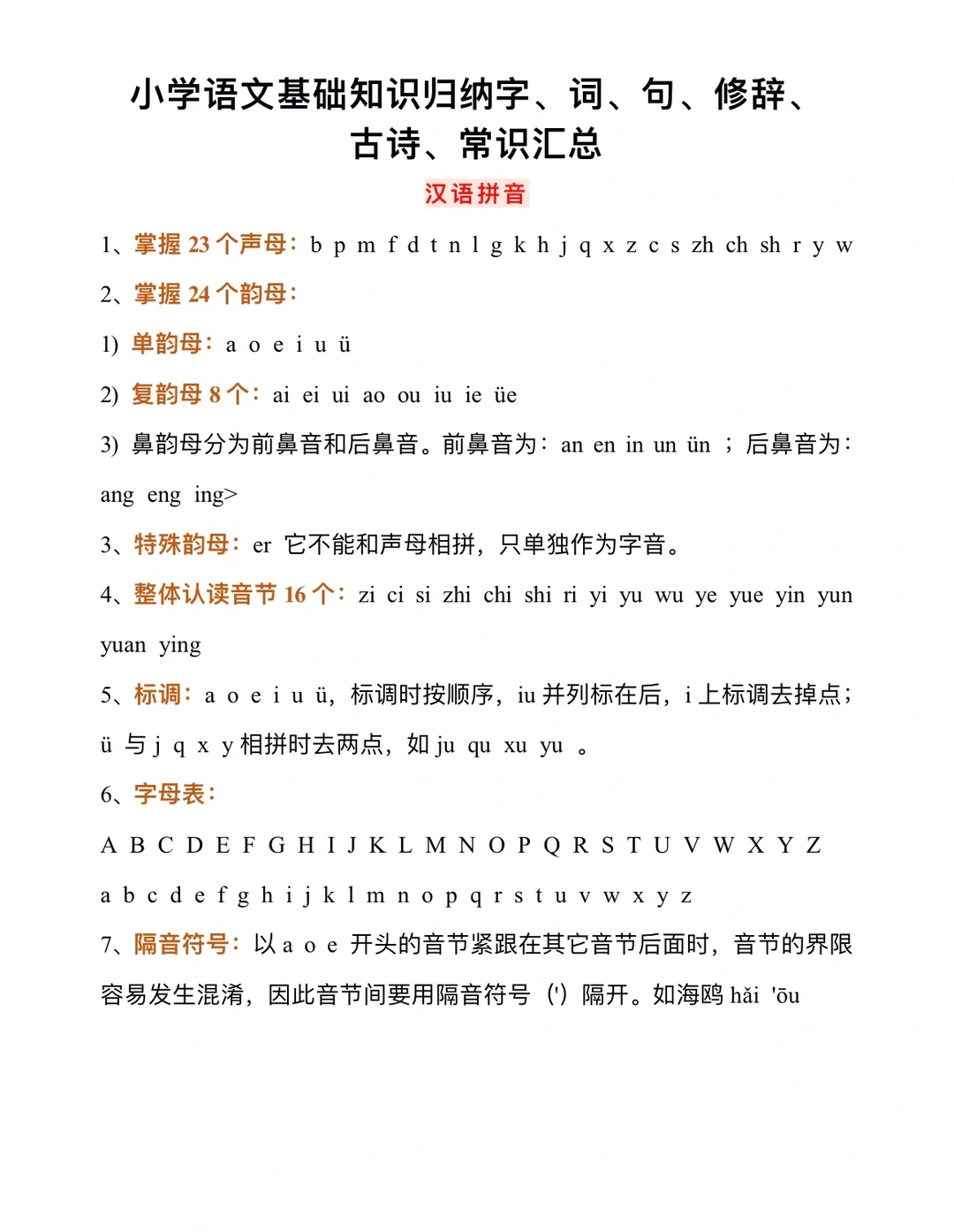 小学语文基础知识归纳字、词、句、修辞、古诗等
