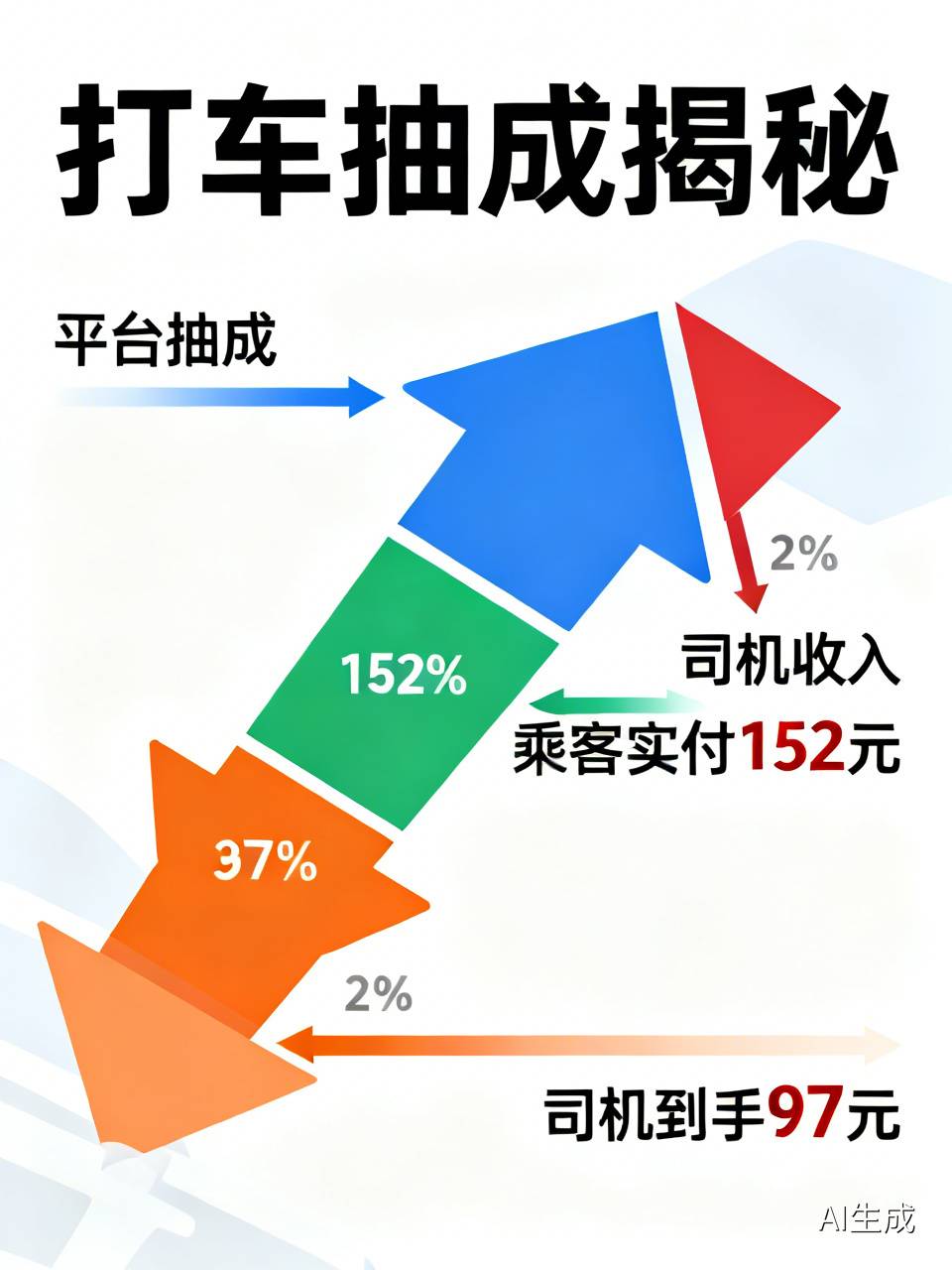 90%打车的人根本不知道：你的车费，正在被多层平台悄悄瓜分！
 
90%的打车乘客，付钱的时候以为钱直接给到接单司机，现实却完全不是这样。
 
很多人以为平台抽成最多也就两成，可真实订单数据刷新认知：部分聚合订单综合抽成居然突破36%，远超交通部门划定30%的监管红线。
 
一份实测订单显示，乘客实