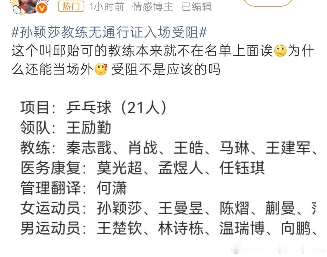 #孙颖莎教练无通行证入场受阻#
对啊，为什么需要邱贻可进村做场外
绝对主力场外都是女主才对啊
女主去哪了，女主为什么不管孙颖莎 ​