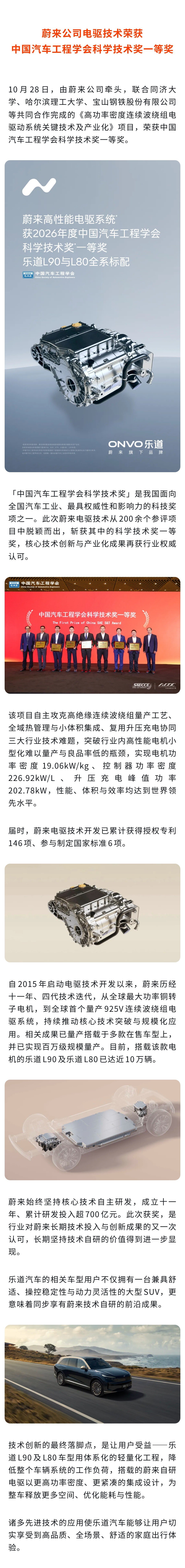 10月28日，蔚来公司电驱技术荣获中国汽车工程学会科学技术奖一等奖，再获行业权威认可。获奖技术应用于乐道L90、L80标配的925V 340kW永磁同步电驱动系统，性能强、能耗低、体积小，是乐道成就同级领先的性能、能效、空间体验的重要技术基石。 
#乐道汽车##第三十三届中国汽车工程学会年会# ​