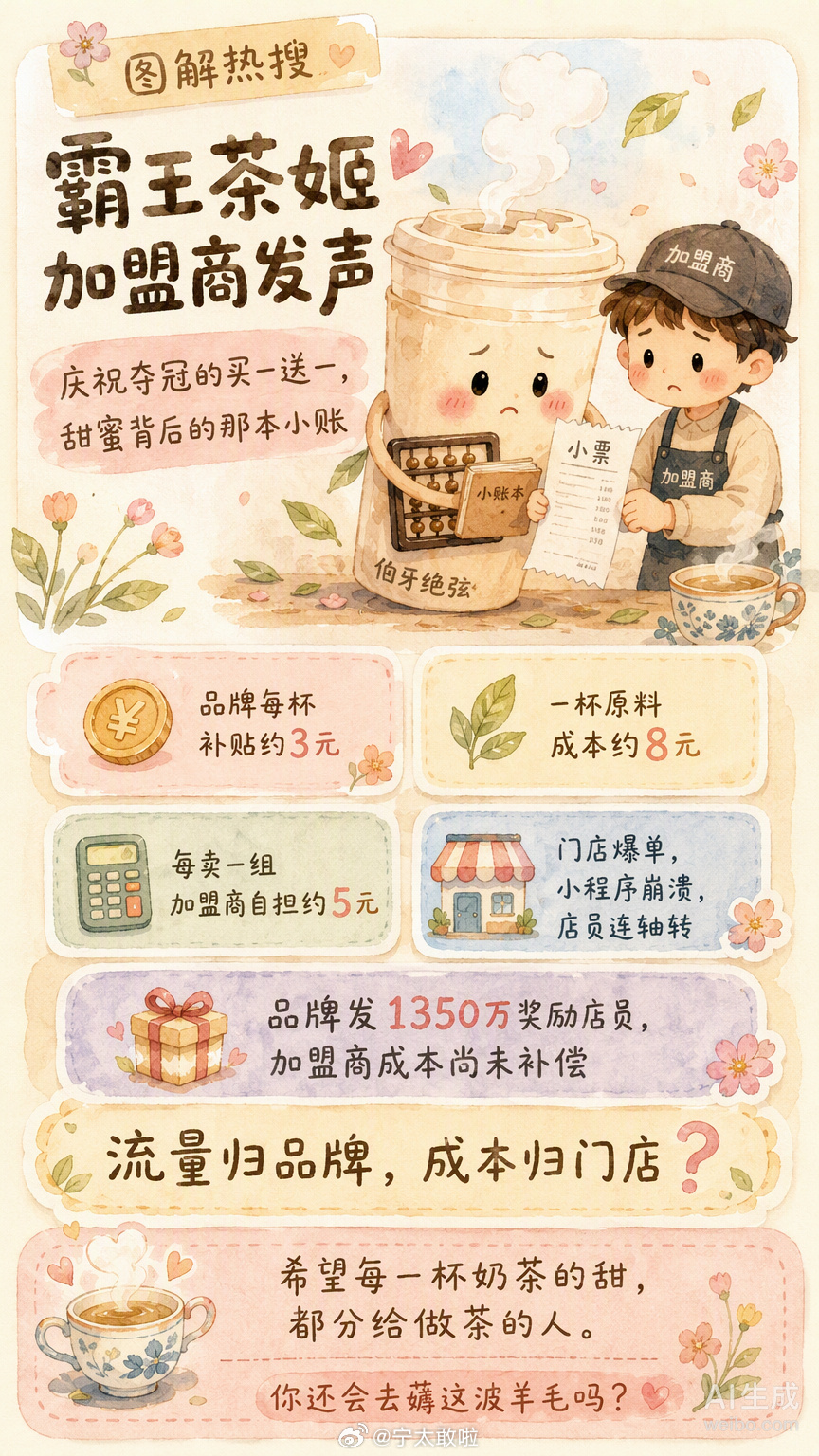 昨两天跟风抢了杯霸王茶姬的买一送一，小程序崩得那叫一个彻底，等得心都凉了半截。今天刷到加盟商发声说补贴不够覆盖成本，心里突然有点不是滋味。

咱们是薅到了羊毛，可这一杯便宜背后，是店员摇奶茶摇到手抖，是加盟商贴钱赚吆喝。品牌方拿了全网热搜的流量，发了千万奖金安抚一线员工，这操作确实 ​
