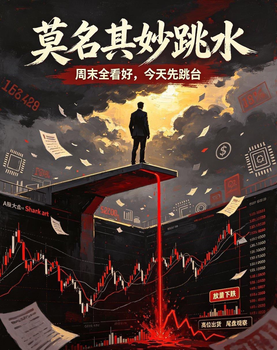 A股莫名其妙跳水，全线杀跌！下午大盘会如何运行？
 
周末普遍看好的氛围之下，大盘意外大跌。这一轮跳水，本质是高位科技板块主力资金集中出货。
 
上午盘面直接高台跳水，科创、创业板跌幅居前。半导体、存储芯片、CPO光通信这些高价科技赛道集体重挫，就连利好落地的业绩龙头也出现大跌，上演利好出 ​