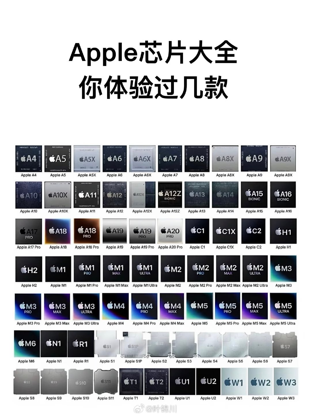 Apple芯片集合

·A系列：iPhone、普通iPad
·M系列：Mac、iPad Pro、Vision Pro
·S系列：Apple Watch主芯片
·H系列：AirPods / AirPods Max
·U系列：超宽带定位（AirTag、iPhone Pro）
·W系列：老款AirPods、初代手表蓝牙
·R系列：HomePod音箱
·T系列：旧Intel Mac安全芯片
·C系列：苹果自研手机基带 ​