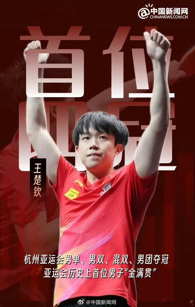 #王楚钦亚运会出战男单男团混双#
亚运会六冠王，杭亚四金——男线首位金满贯王楚钦，出战亚运会顺利，健康完赛[点赞][点赞][点赞] ​