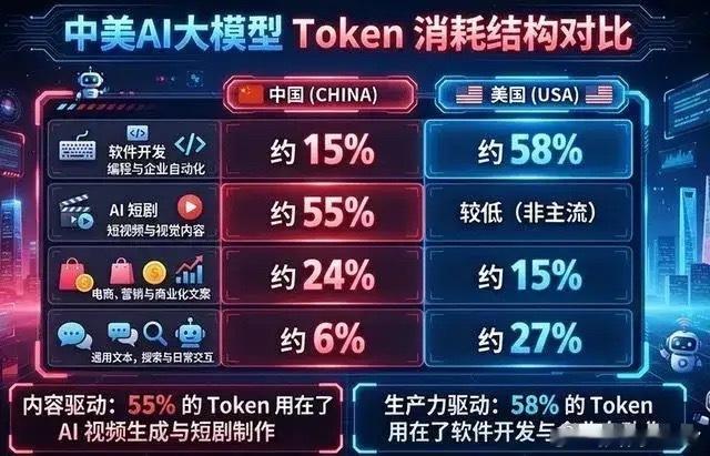 中美AI大战胜负已分？我们完败？
最近有不少人在网上晒出一个图片，这组数据来自中文在线的统计口径，它统计的是国内外AI大模型的Token调用量，其中我国所调用的55%流入了短视频等领域，而美国Token的主要调用量(58%)用于软件开发、写代码、企业自动化等等。
结果这帮人就做出了一个判断，我国的AI都被 ​