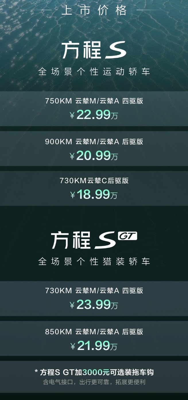 18.99万起，方程S/S GT上市！！