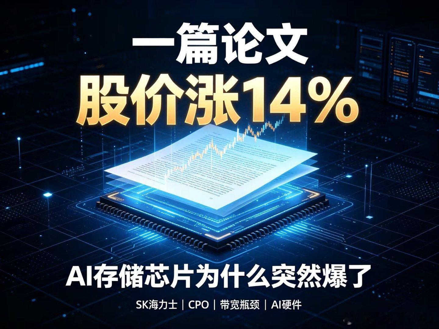 一篇论文让SK海力士盘中涨超14%
昨天SK海力士在《自然·电子学》发表CPO技术路线图论文，股价盘中一度涨超14%。这篇论文为什么这么能打？因为它指出了AI集群的真正瓶颈：算力每两年增长约3倍，但互联带宽同期仅增长约1.4倍，这个"带宽墙"差距正卡死AI扩展。

SK海力士在论文中给出了解决方案——单节点 ​