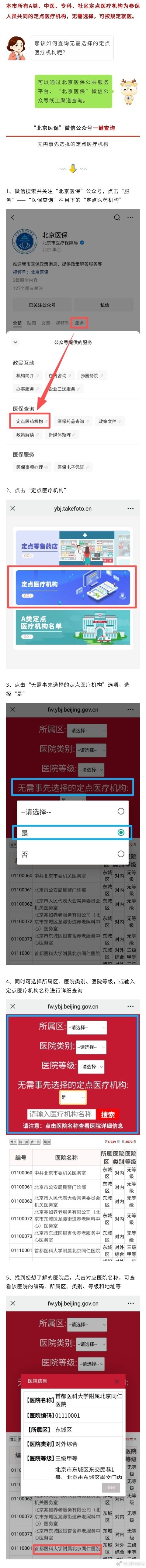 【查询无需选择的定点医疗机构操作步骤——】来源：北京医保 ​