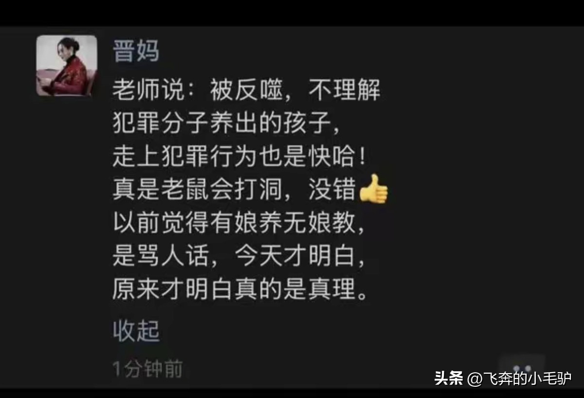 被疑似晋妈的朋友圈言论刷屏了
话里话外，言语太恶毒了
身处富贵圈，怎么可以说出如此恶毒的话
谁敢相信这是一个把孩子养了十多年的人做出来的事情

如果不是优优，大家谁会关注到她和崔晋
优优给家庭带来了巨大的流量和财富
反而没有任何财产是属于自己的
到头来却要被说出，有娘生没娘教

本来就不喜欢这对母子