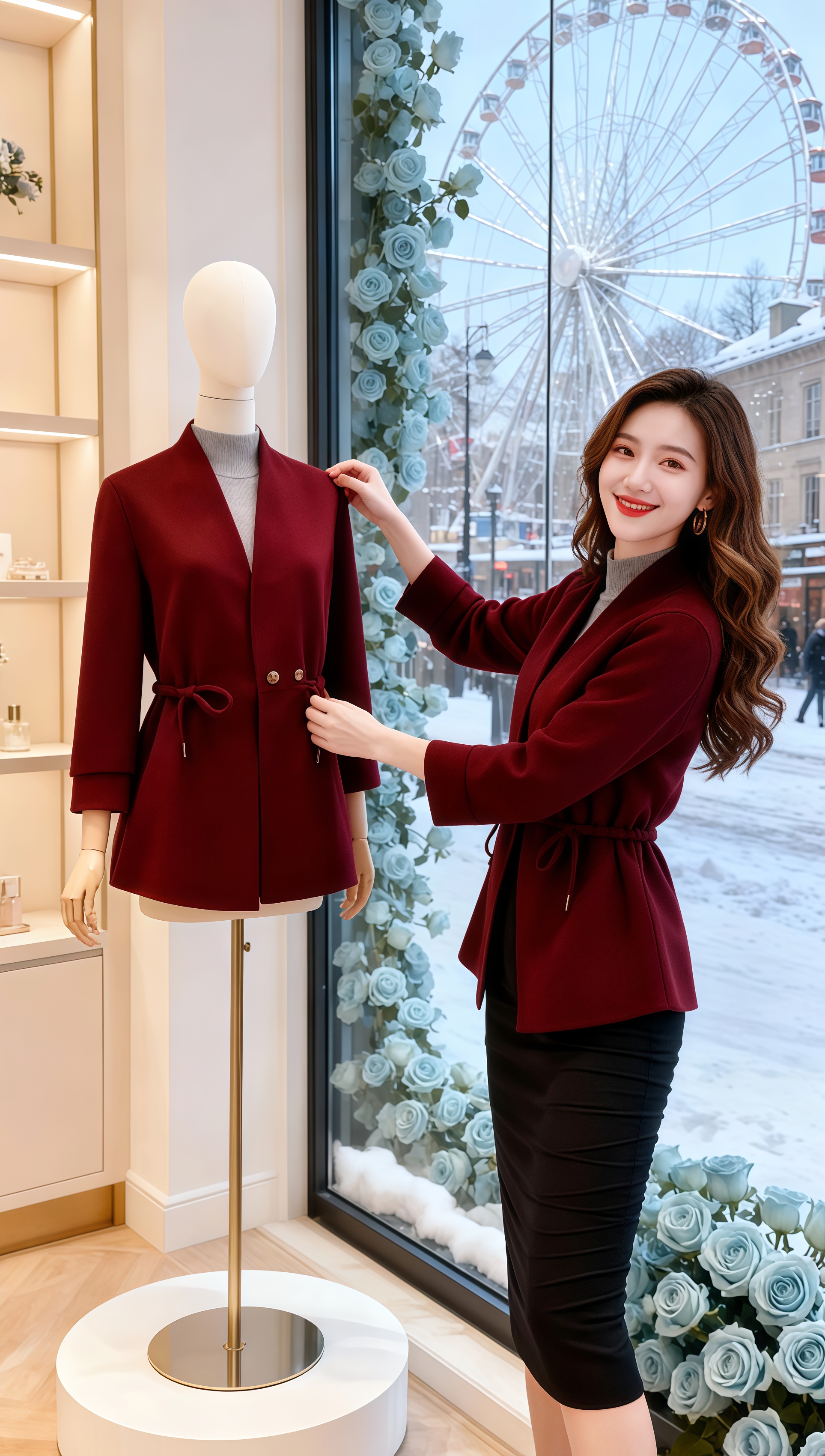 《雪天的酒红优雅：她把通勤装穿成了都市童话》   当摩天轮在初雪的魔都...