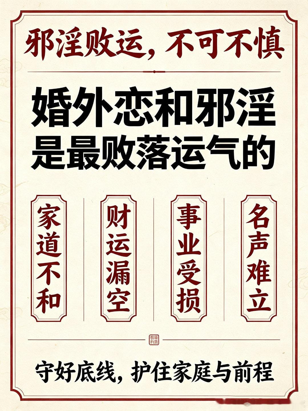 邪淫与婚外情：削福最狠，败运最快

老辈人常说：“万恶淫为首”，这话从来不是吓唬人，而是一代代人亲眼见证的因果真相。

🔴 一、为何邪淫、婚外情最败运气？

✨ 邪淫，指一切不合伦理、违背正道的男女关系；婚外情更是直接破坏家庭信义、践踏人伦底线的行为。这类行为，本质是透支福报、消耗阴德 ​
