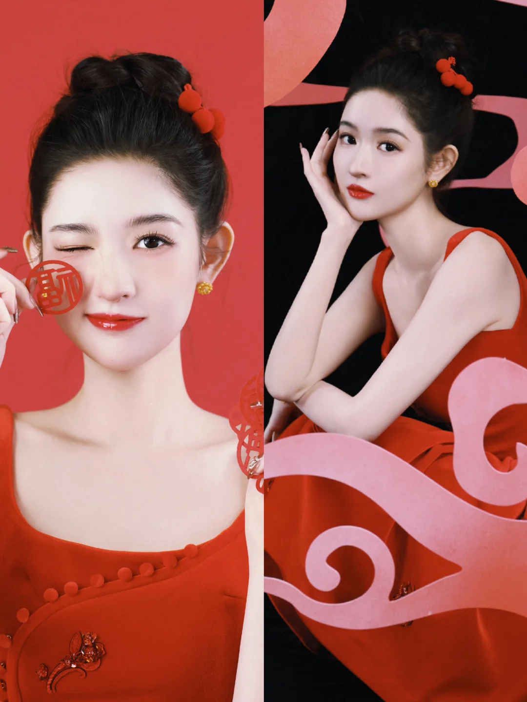 王玉雯新年写真，王姐这组好像那个年画娃娃