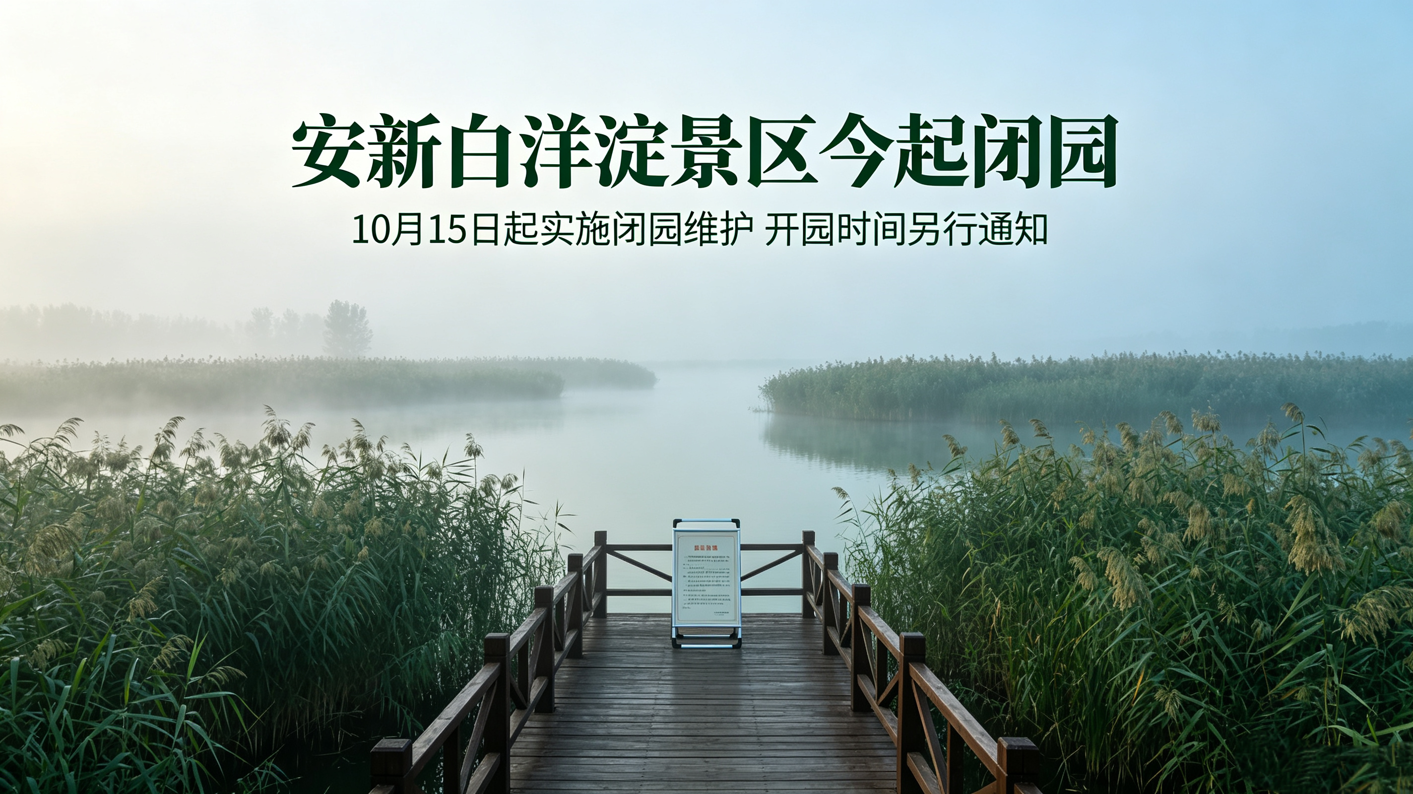 【安新白洋淀景区今起闭园】为保障游客安全和出游体验，安新白洋淀主景区自10月15日起实施闭园维护，开园时间另行通知。

在景区闭园维护期间，景区内各运营主体、旅行社及所有旅游从业人员严禁从事景区内旅游经营活动，违者一经发现，从严惩处。（河北青年报）