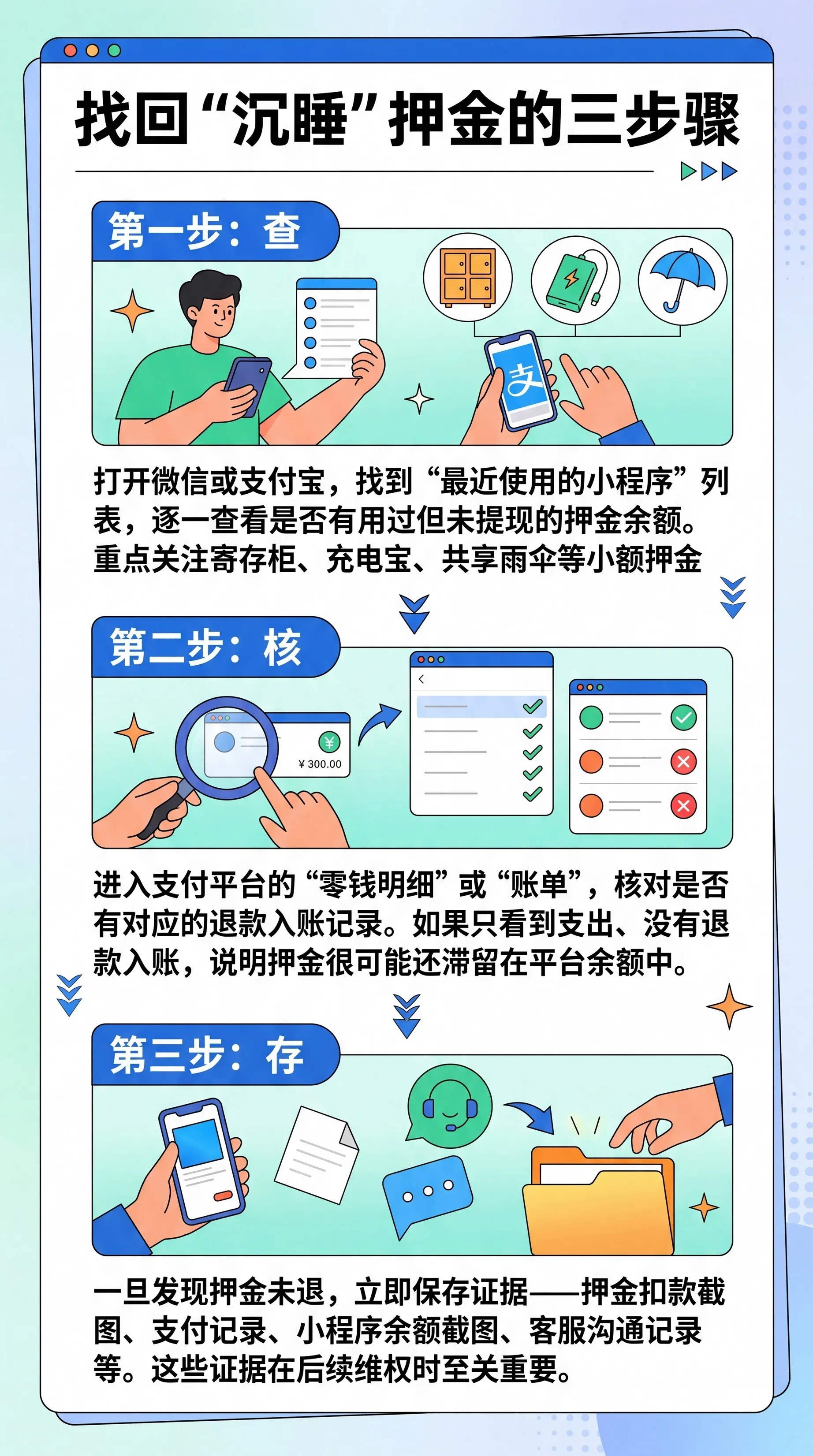 【你的押金可能被平台偷走了共享充电宝押金退回短信可能是假的】这个国庆假期，陕西的孟女士在一处景区租用共享充电宝，支付了99元押金，归还充电宝时，系统提示押金已退回，然而当她核查账户时才发现并没有收到这笔退款。孟女士咨询客服之后，对方表示是因为技术原因，造成退款未能到账。这个假期，你有没有使用景区提供的各种便民租赁服务？赶紧自查——你的押金可能已经被平台“偷走”了。最近，不少消费者发现，部分景区的寄存柜、共享伞具、充电设备等，归还时明明显示“退款完成”，押金却没有直接退回原支付渠道，而是转入平台小程序余额，需要用户自行提现；有的甚至凭空蒸发，根本未见入账。三步自查，别让你的押金“沉睡”↓↓（央视）