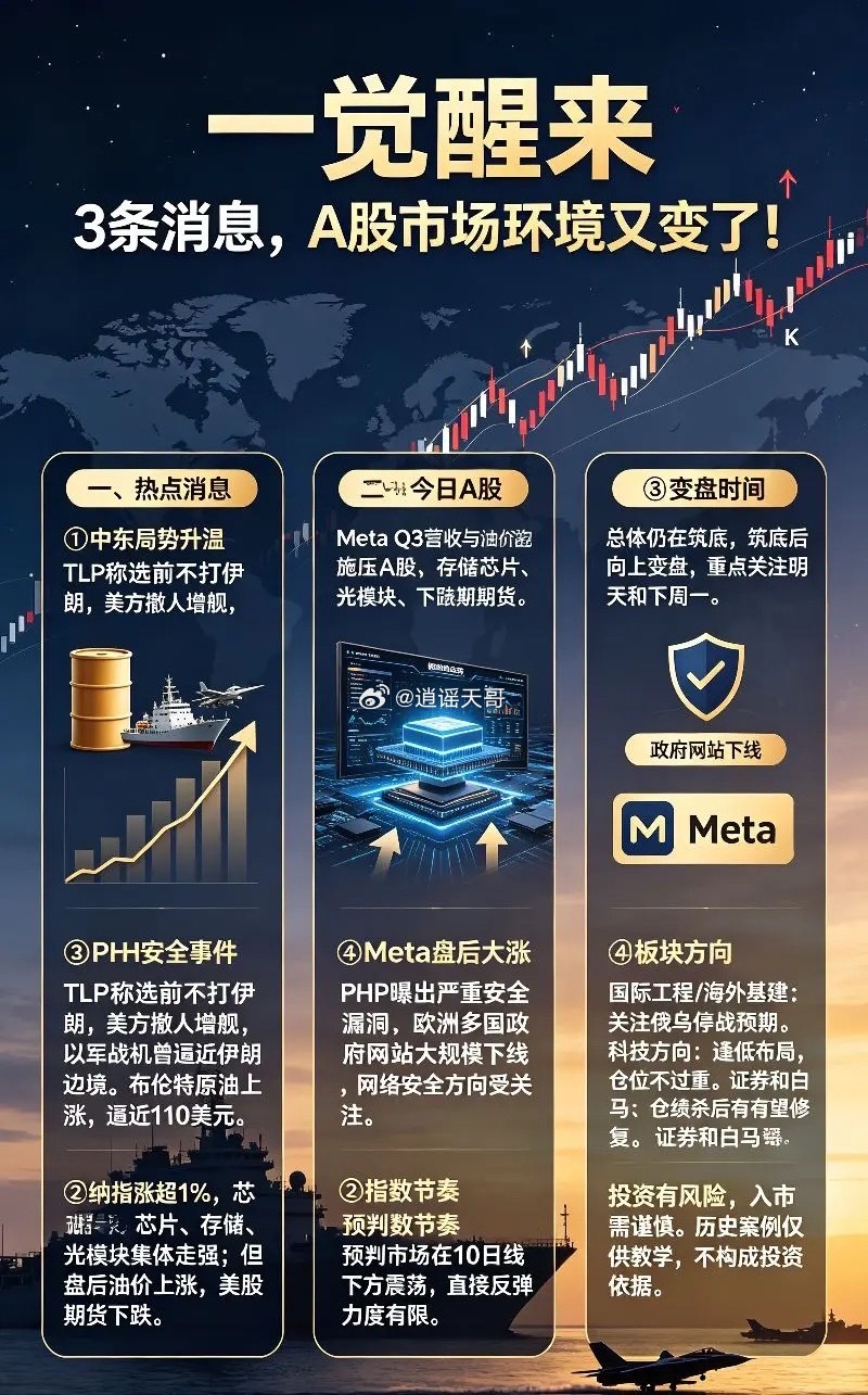 一觉醒来,4条消息,A股市场环境又变了！

一、热点消息（来源金10）

①TLP称选前不打伊朗，美方却撤人增舰！以军数十架战机据报曾逼近伊朗边境。

说明中东局势有种大战前准备的感觉。布伦特原油上涨，逼近110美元。

②纳指涨超1%领涨三大指数 芯片、存储、光集体走强 ，但是盘后因为油价上涨，美股期 ​