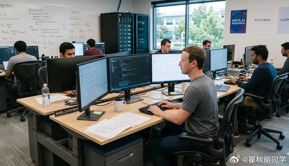 网友发图说：马克·扎克伯格在四月份把他的办公桌搬到了 META AI 实验室。 ​

这图假的？？ ​
