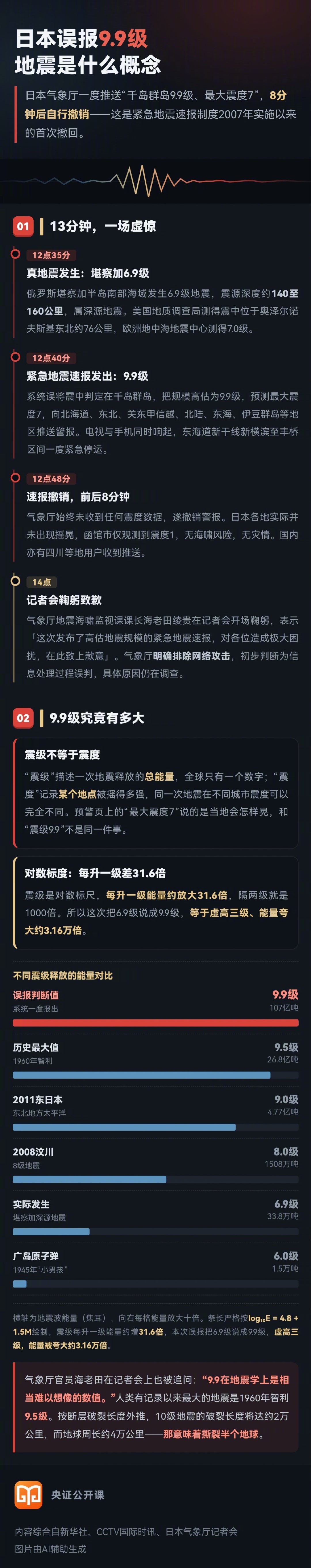 【#日本误报9.9级地震#】#9.9级地震是什么概念# 据新华社，日本气象厅16日下午召开记者会，就当天中午错误发布紧急地震预警并于随后取消一事致歉。气象厅表示，此次误发预警是因系统错误判定震源位置，并将地震震级严重高估为9.9级，具体原因仍在调查中。#9.9级地震远超智利9.5# ​