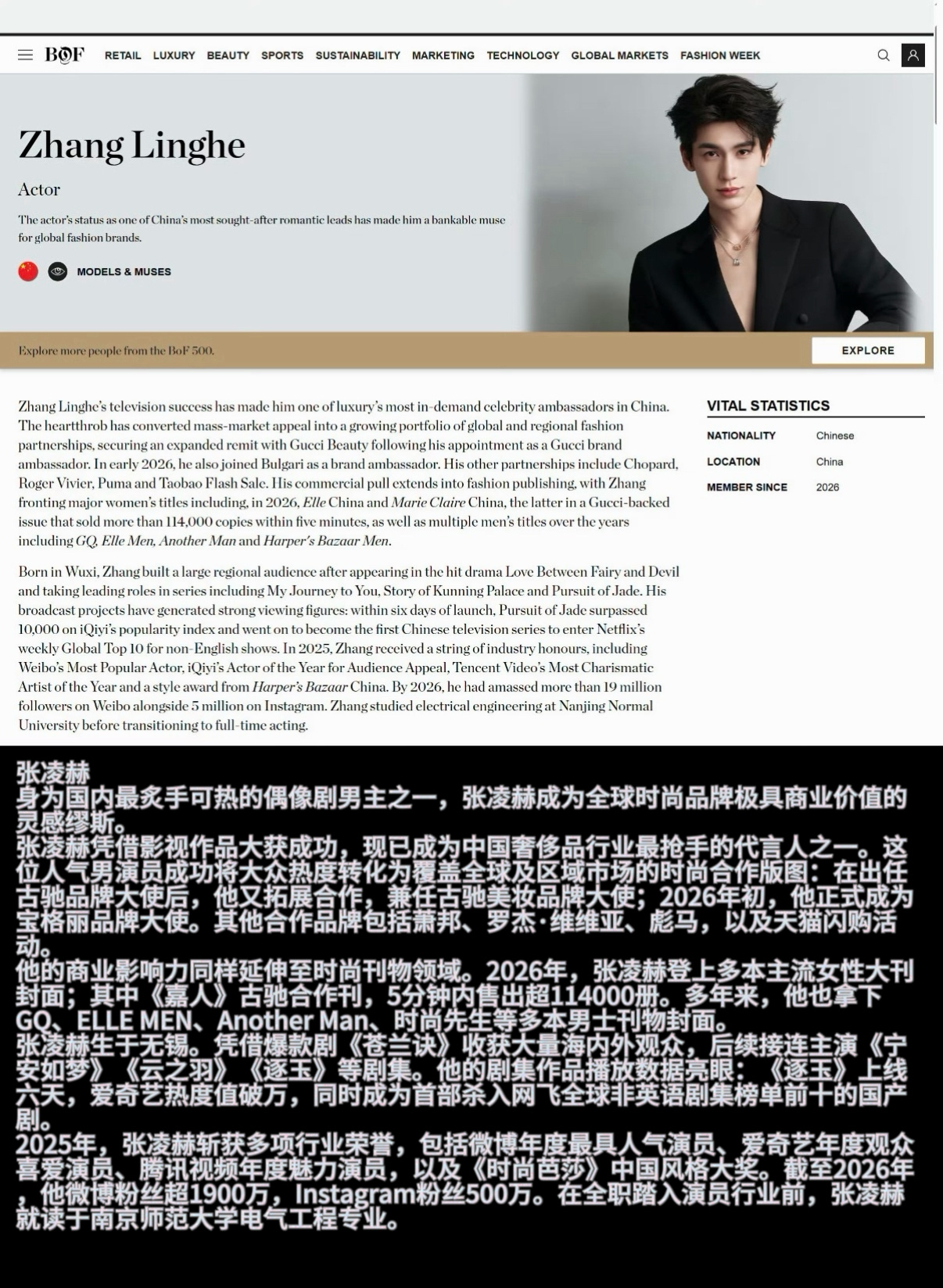 也就是说国内Gucci和宝格丽合作男艺人里只有凌赫入选了BOF500，不止是今年更是至今为止所有。作为行业专业榜单，不靠粉丝投票，综合领导力 、创造力 、影响力 、创新力，你的商业价值而成的。
Bof500给的评语里很明确提到了凌赫的时尚杂志合作维度以及销量和奢牌合作维度（其余还有演艺作品成绩，奖项 ​