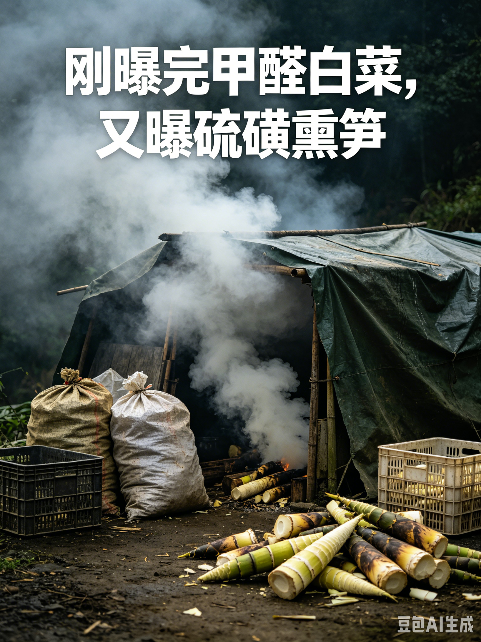 刚曝完甲醛白菜，又曝硫磺熏笋：我们吃的到底是什么？

还记得之前那个曝 &34;甲醛白菜&34; 的博主吗？
&34;渔猎齐哥&34;。
他又出手了 ——
这次是广东清远英德的竹笋。
怎么熏的？
硫磺。
现场就在山沟沟里，
一个遮雨棚，编织袋、塑料筐随地堆着。
白色烟雾不断往外冒，
&34;非常刺鼻，呼吸道严重不适。&34;
熏一晚上